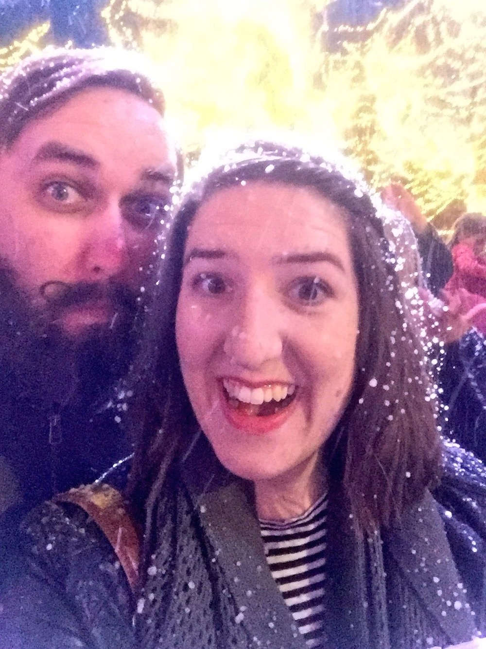 Excited about fake snow at Worlds of Fun's WinterFest in Kansas City, Missouri