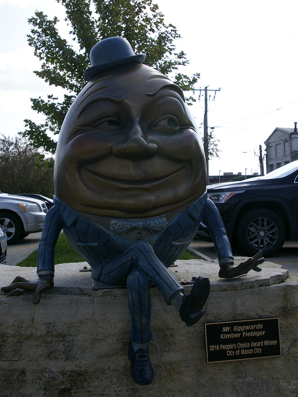 Metal Humpty Dumpty sculpture along the River City Sculptures on Parade in Mason City, Iowa