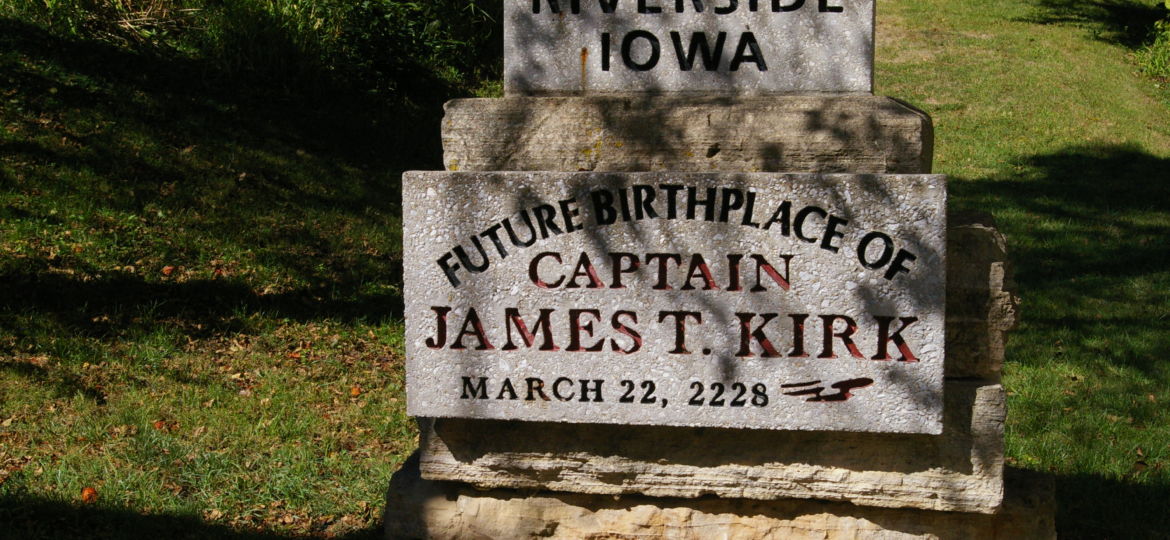 Historic marker for the Future Birthplace of Captain James T. Kirk in Riverside, Iowa