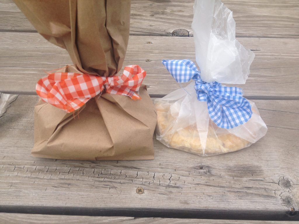 Brown paper bag tied with orange and white check ribbon next to a clear paper bag tied with a blue and white check ribbon on a picnic table