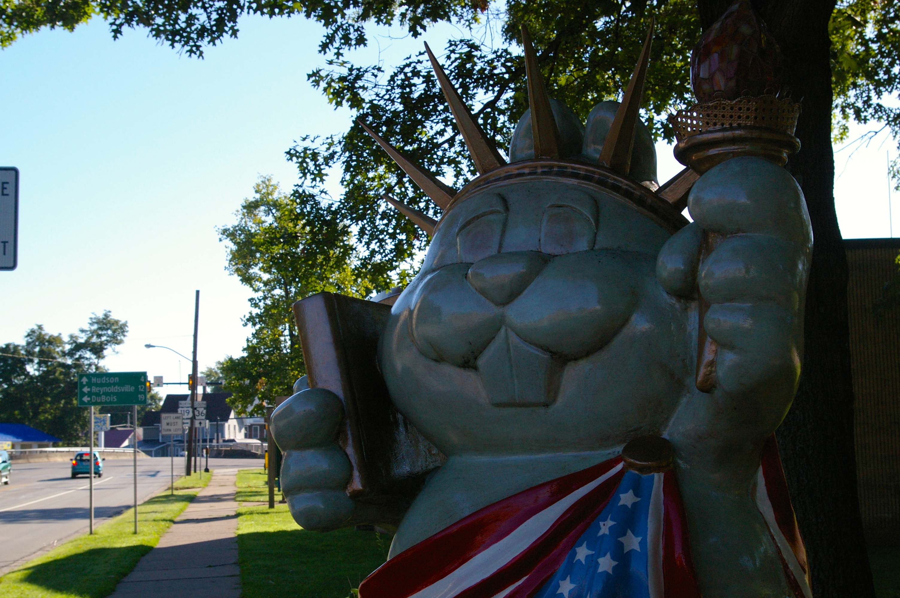 Punxsutawney Phil statue dressed as the Statue of Liberty in downtown Punxsutawney, Pennsylvania