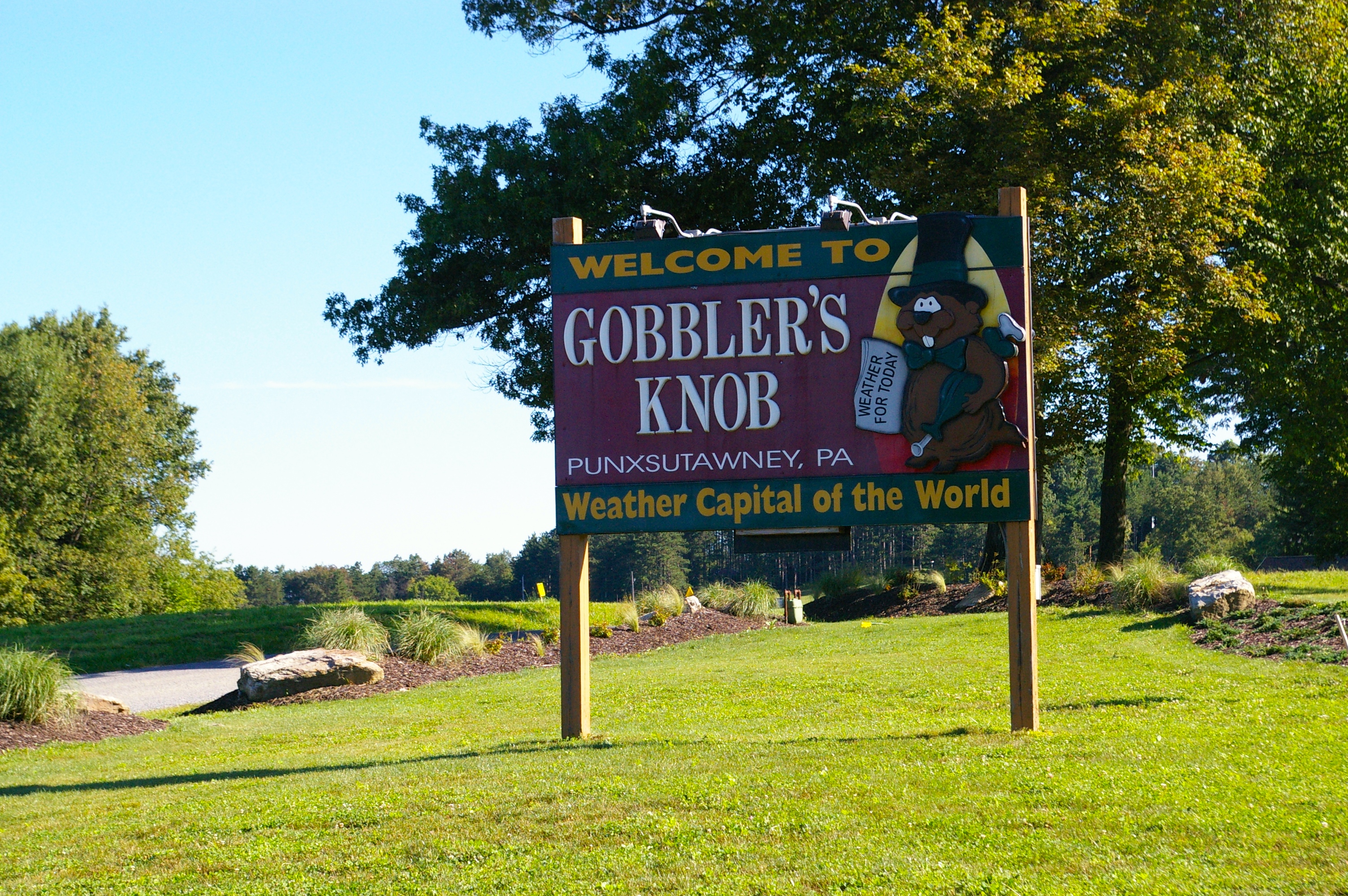 Welcome sign at Gobbler's Knob in Punxsutawney, Pennsylvania.