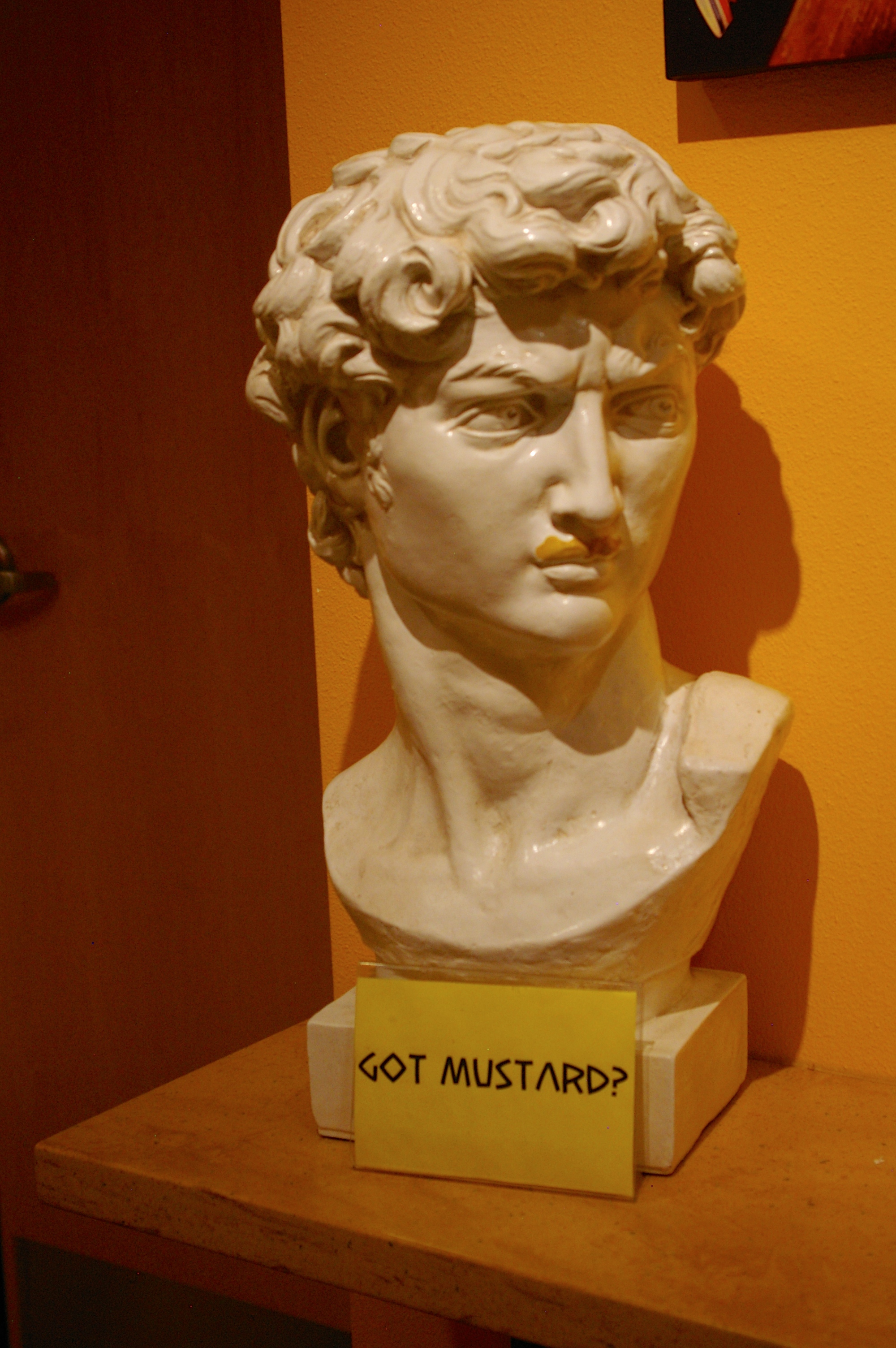 Classic bust with mustard mustache that says "Got mustard?" at the National Mustard Museum near Madison, Wisconsin