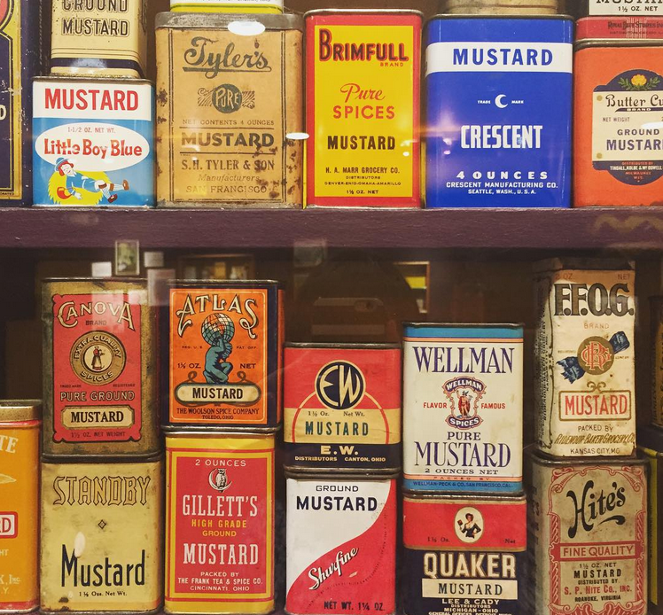 Collection of vintage mustard tins at the National Mustard Museum near Madison, Wisconsin