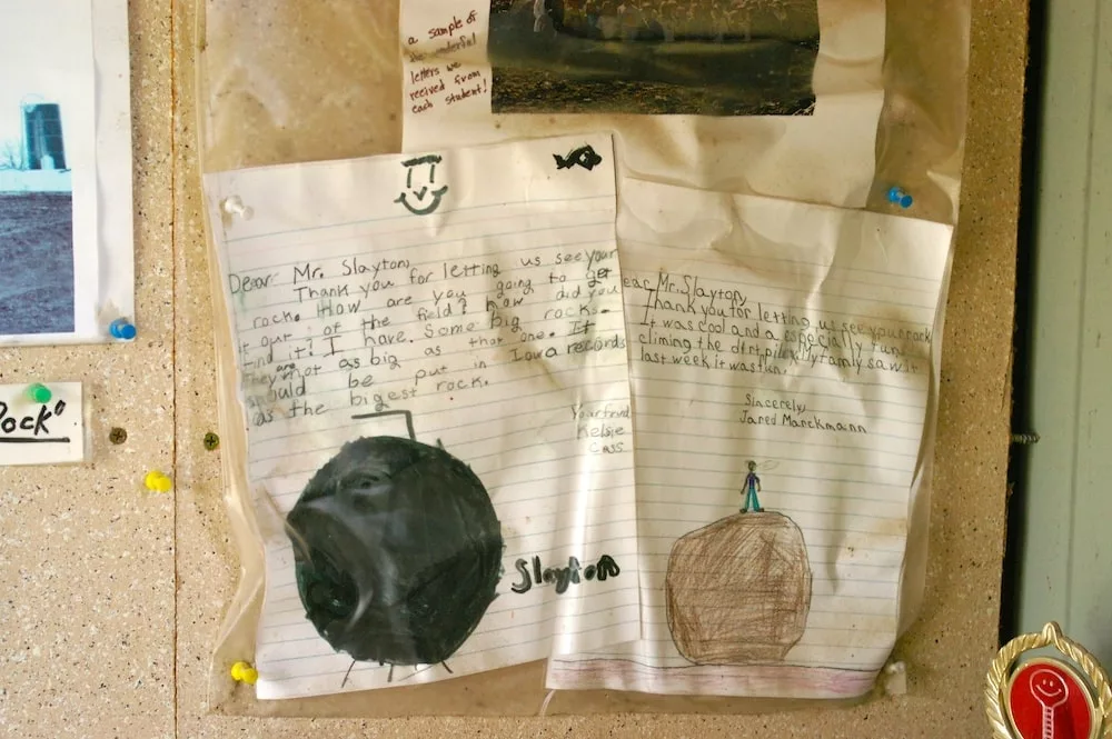 Letters written by local children to Mr. Slayton displayed at Slayton Rock in Slayton, Iowa