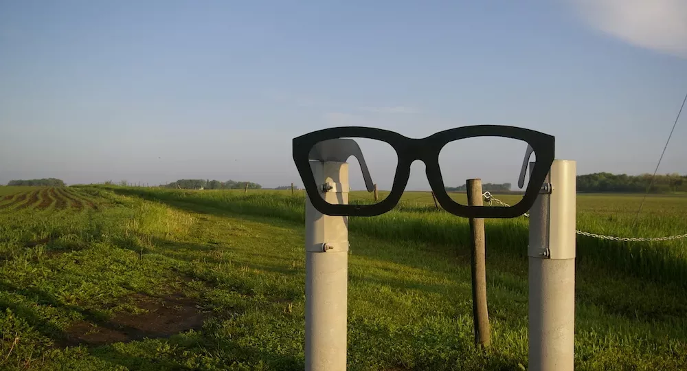 Large black glasses marking the Buddy Holly Crash Site near Clear Lake, Iowa