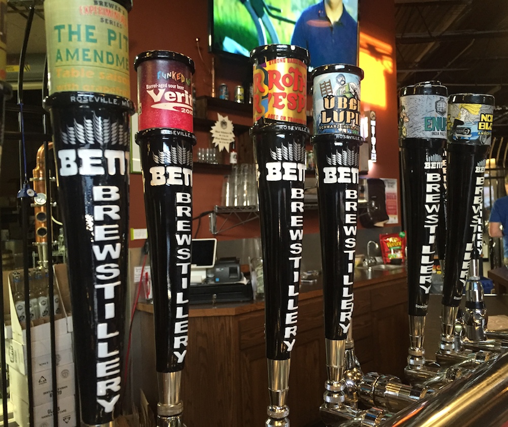 Bar taps at Bent Brewstillery in Roseville, Minnesota