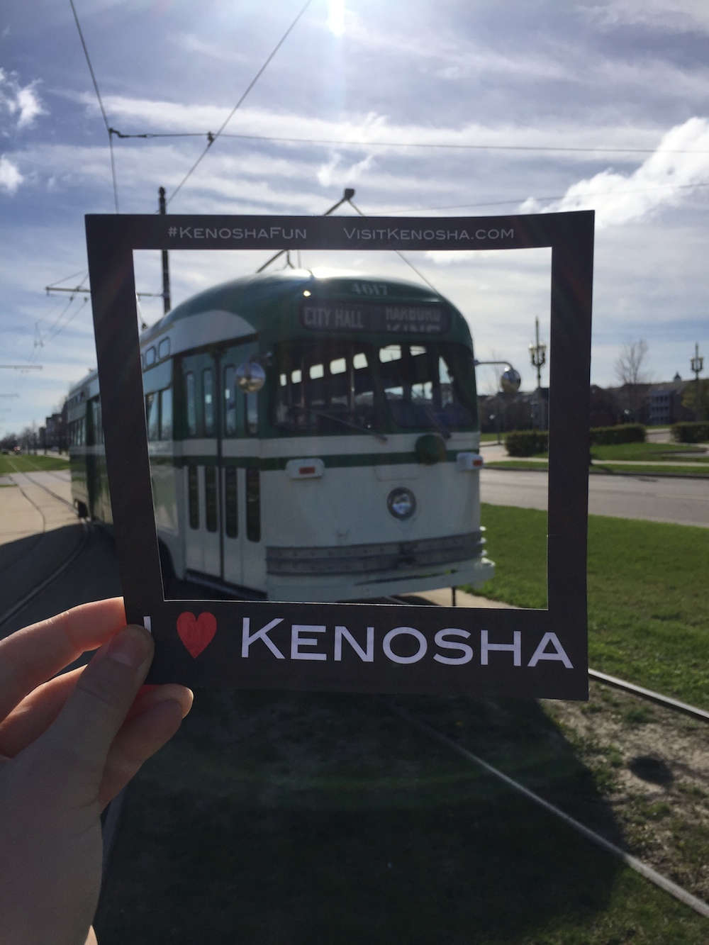 Historic trolley in "I heart Kenosha" photo frame in Kenosha, Wisconsin