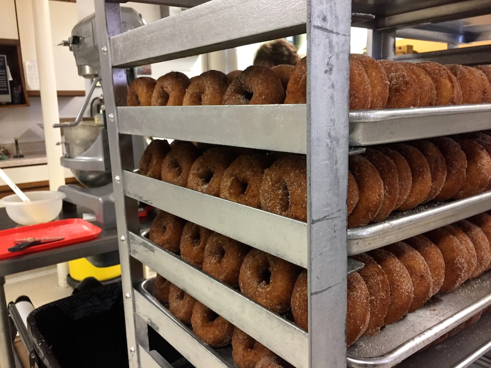 Rack of warm apple cider donuts at Edwards Apple Orchard West near Rockford, Illinois