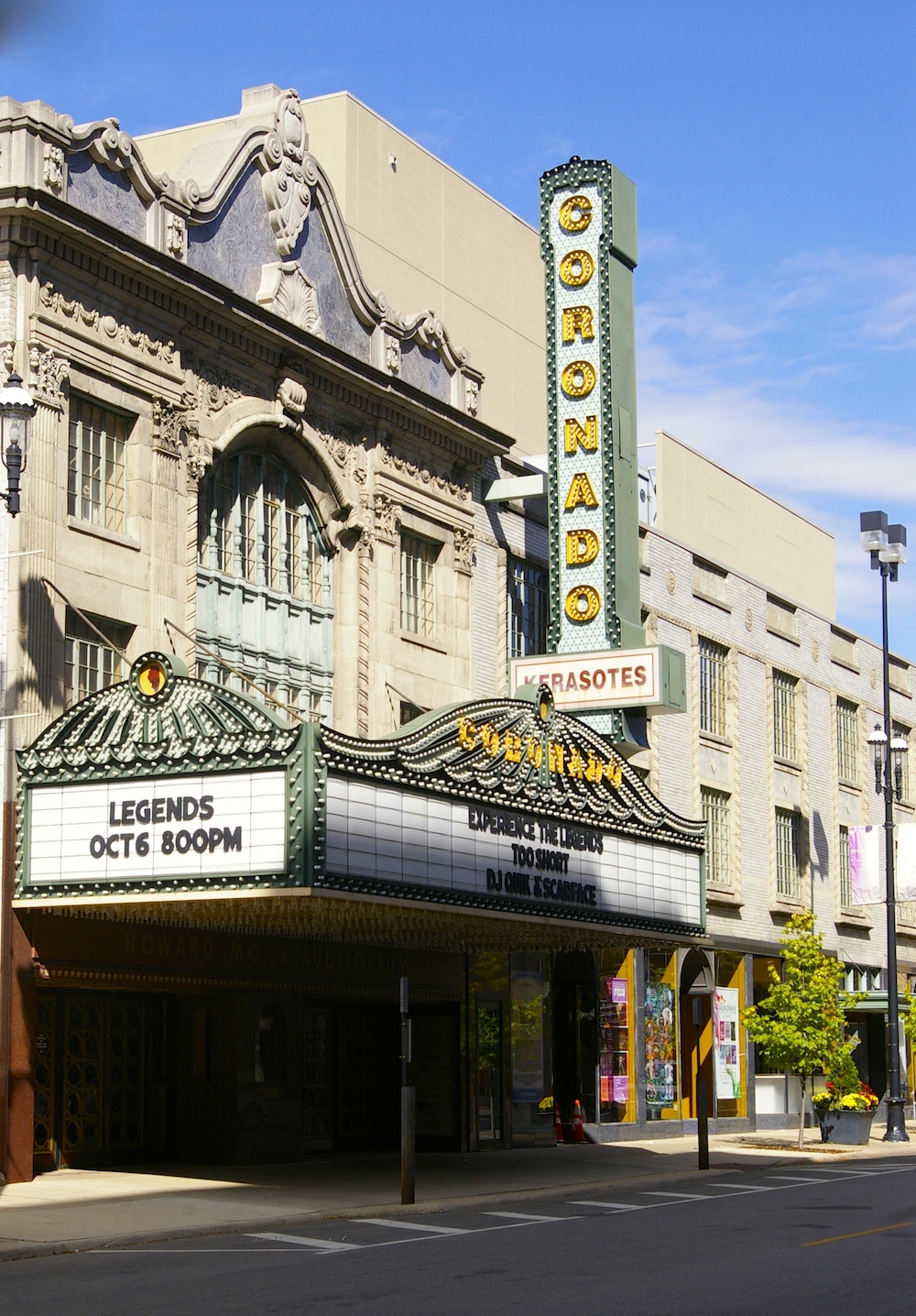 Exterior facade and marquee of the Coronado Performing Arts Center in Rockford, Illinois