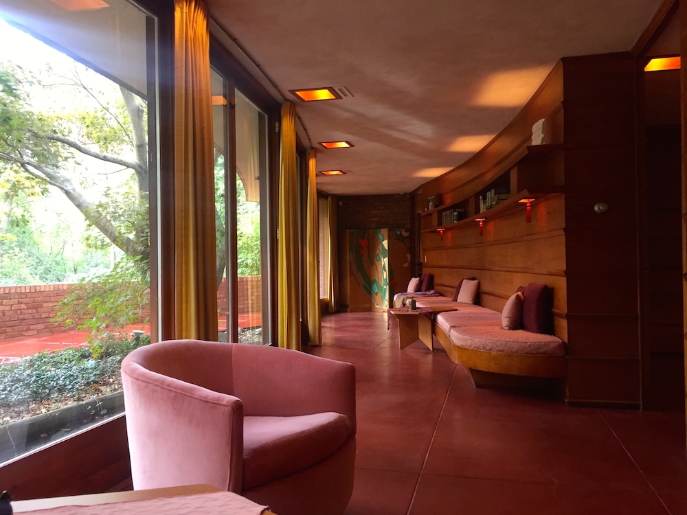 Interior living space of Frank Lloyd Wright's Laurent House in Rockford, Illinois