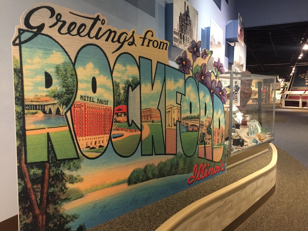 Greetings from Rockford, Illinois sign at the Midway Village Museum