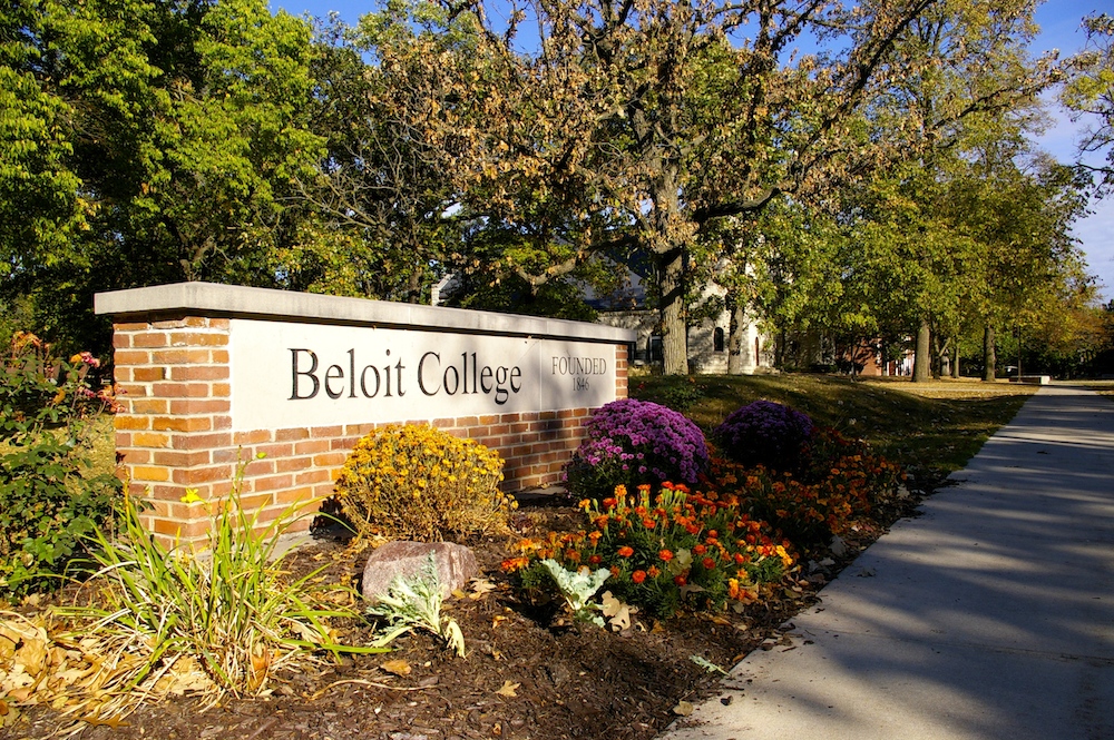 Beloit College sign with flowers at Beloit College in Beloit, Wisconsin