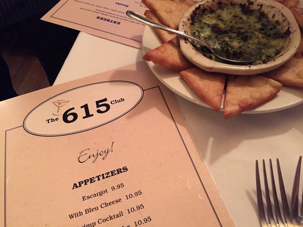 Menu and spinach artichoke dip at The 615 Club in Beloit, Wisconsin