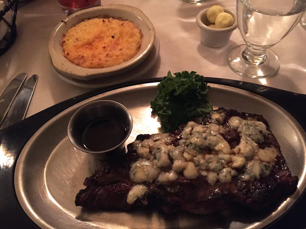 Steak with Bleu cheese and cheesy potatoes at The 615 Club in Beloit, Wisconsin