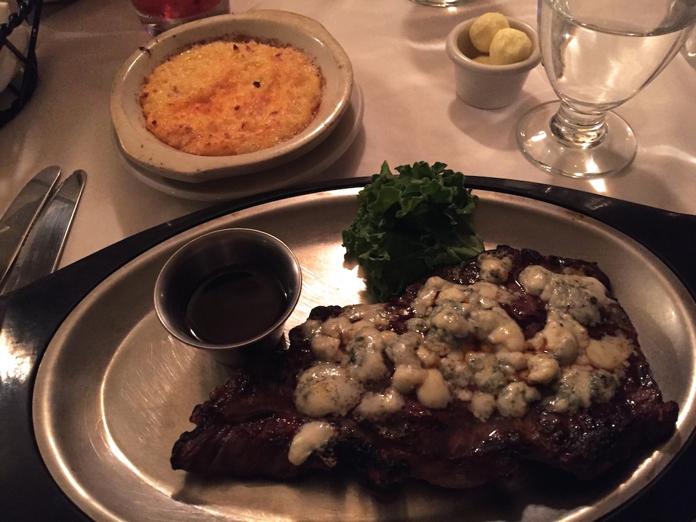 Strip steak with blue cheese and cheesy mashed potatoes at The 615 Club in Beloit, Wisconsin
