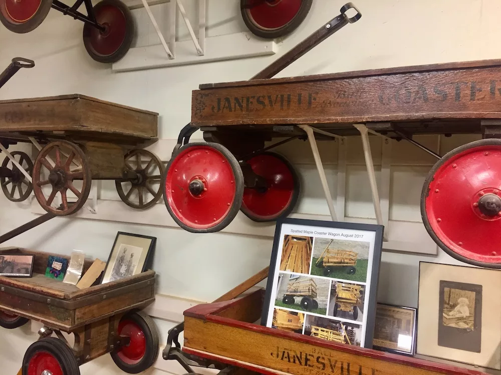 Memorabilia hanging on the wall at the Wisconsin Wagon Company in Janesville, Wisconsin