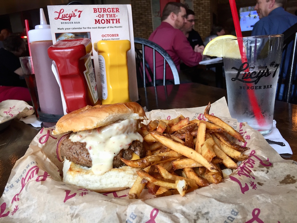Autumn Harvest burger and fries at Lucy's #7 Burger Bar in Beloit, Wisconsin