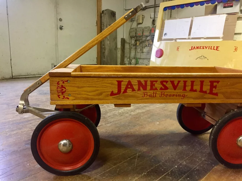 Image of a Janesville Flyer wagon at Wisconsin Wagon Co. in Janesville, Wisconsin
