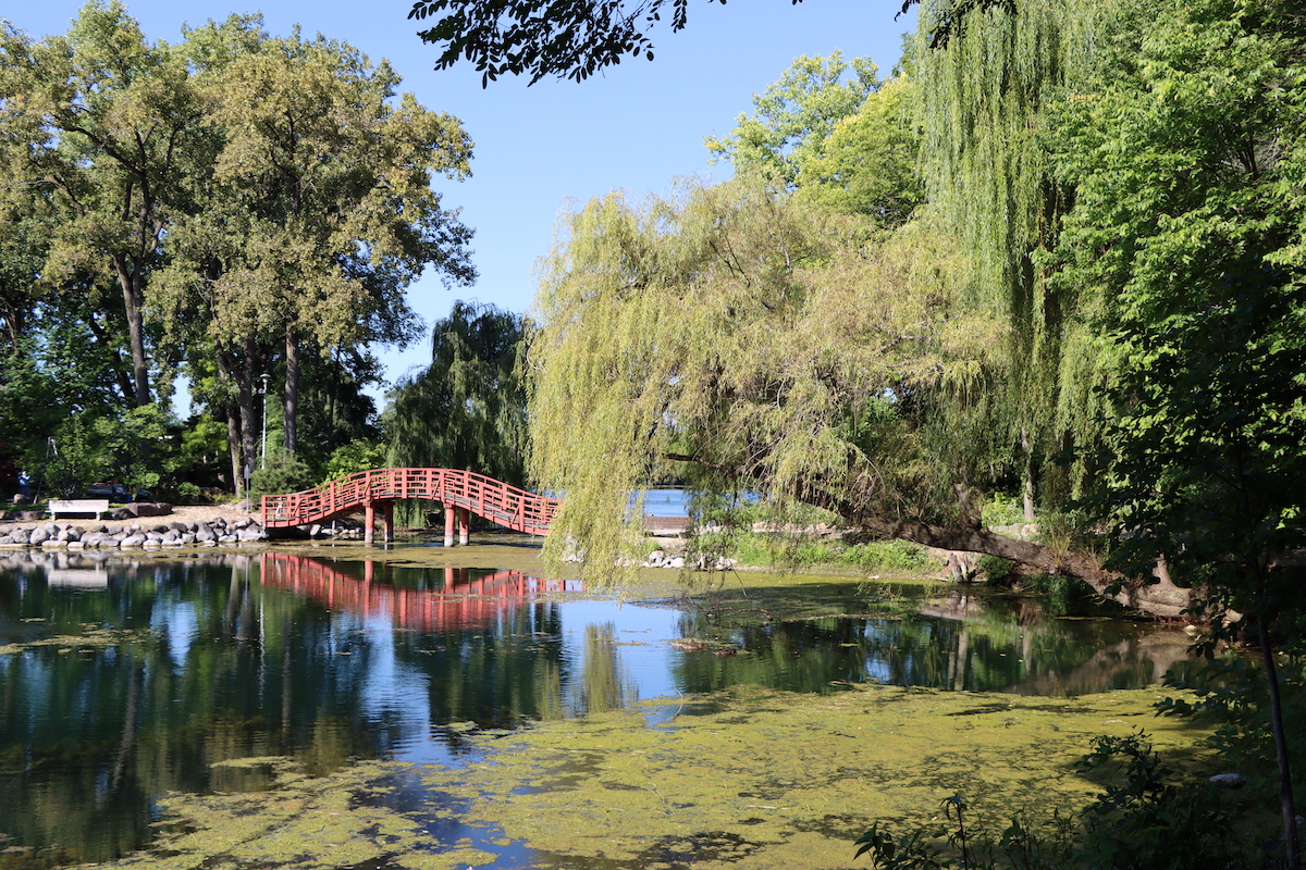Bridge over pond at Rotary Botanical Gardens in Janesville, Wisconsin