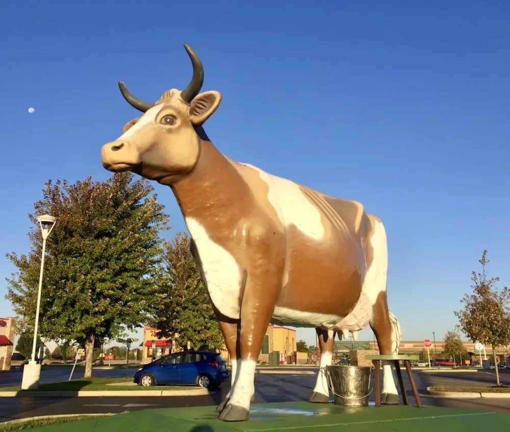 Large cow statue in a parking lot in Janesville, Wisconsin