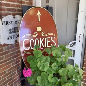 Cookies sign outside of the Shops at First Brick in Mount Vernon, Iowa