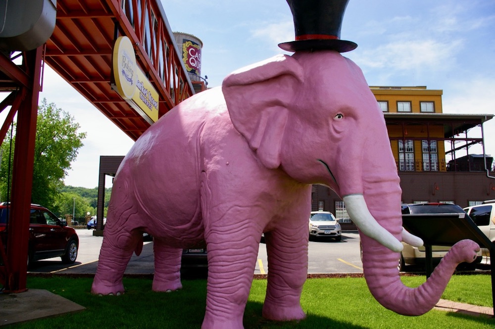 Large pink elephant wearing a top hat named Pinky the Elephant near Marquette, Iowa