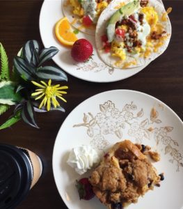 Baked blueberry French toast and breakfast tacos from The Vault in Gilbert, Iowa