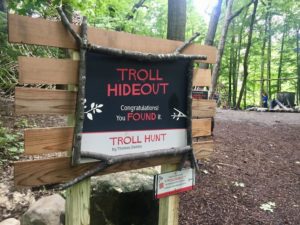 Troll Hideout sign at the end of the Morton Arboretum Troll Hunt in Lisle, Illinois