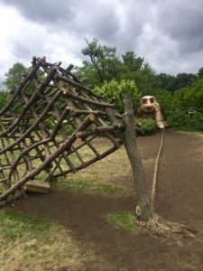 Giant wooden troll with a trap at the Morton Arboretum Troll Hunt in Lisle, Illinois