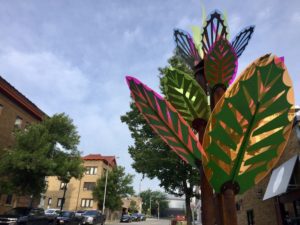 Neon glass and metal tree sculpture in downtown Sioux Falls, South Dakota