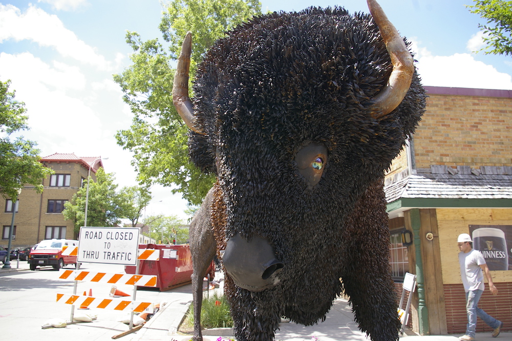 Wire bison sculpture along the SculptureWalk in downtown Sioux Falls, South Dakota