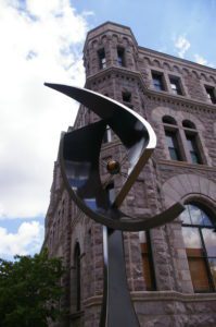 Metal spiral sculpture along the SculptureWalk in downtown Sioux Falls, South Dakota