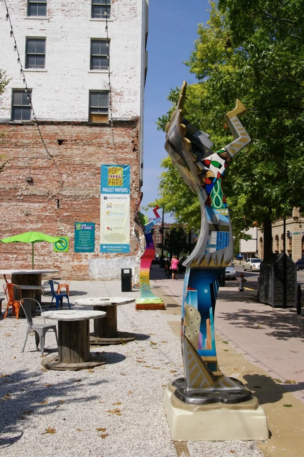 Decorated Keeper of the Plains statue at the ICT Pop-Up Urban Park in downtown Wichita, Kansas