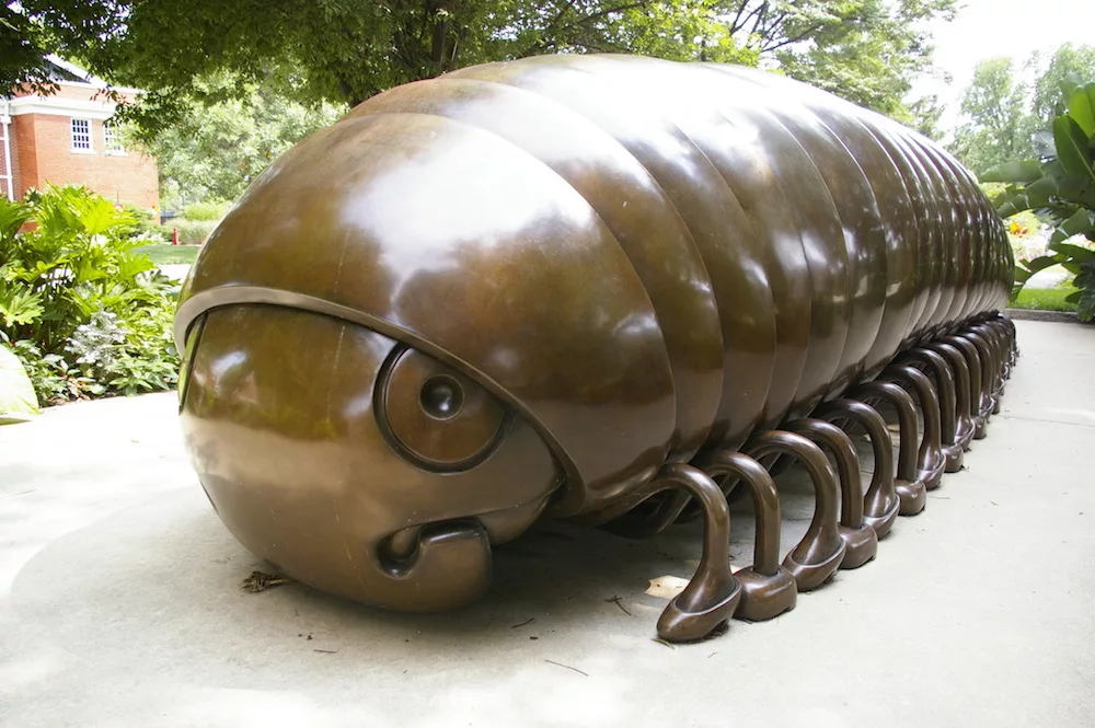 Bronze sculpture named Millie the Millipede outside of the Ulrich Museum of Art on the Wichita State campus in Wichita, Kansas