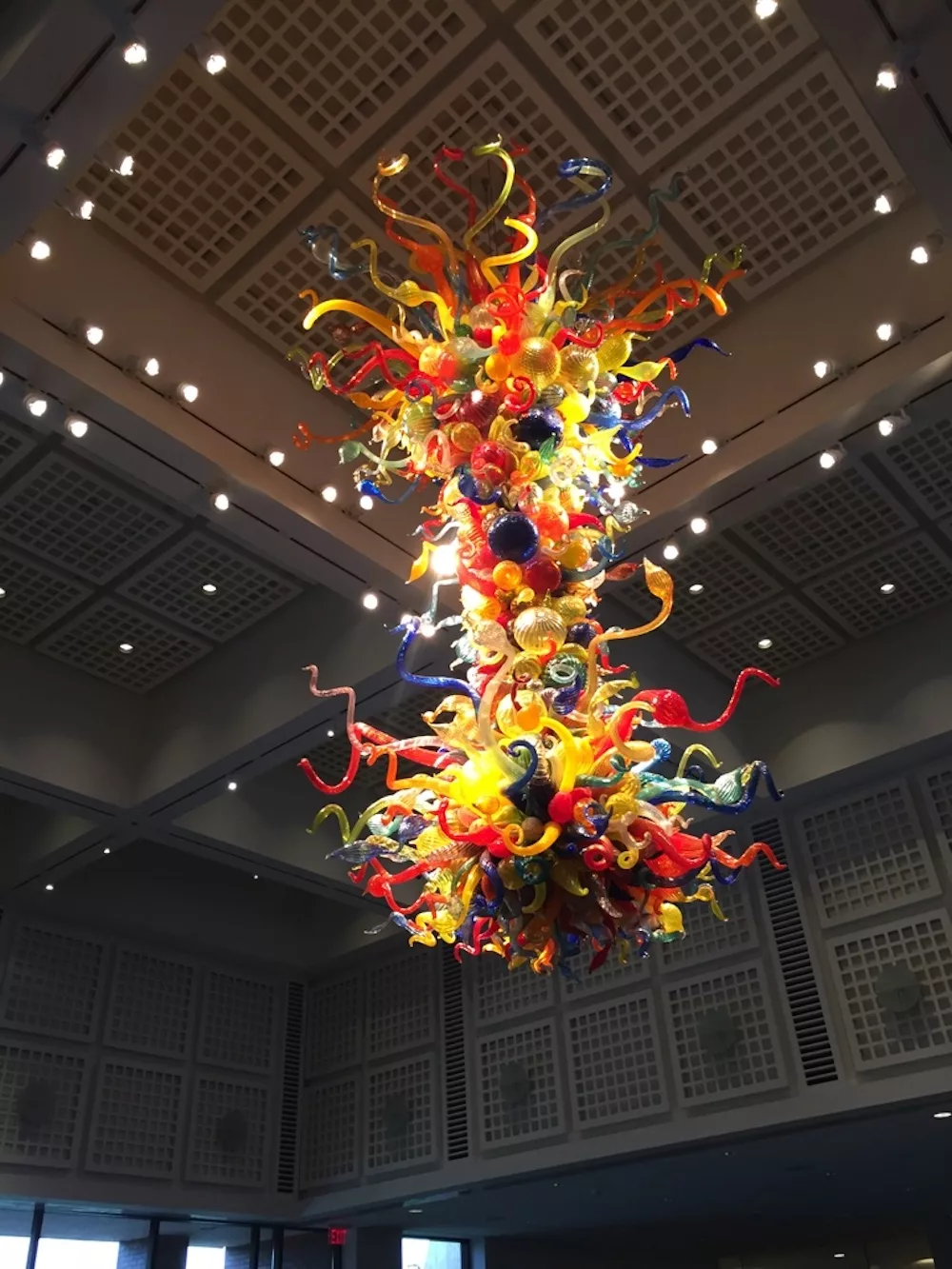 Colorful glass chandelier made by artist Dale Chihuly at the Wichita Art Museum in Wichita, Kansas