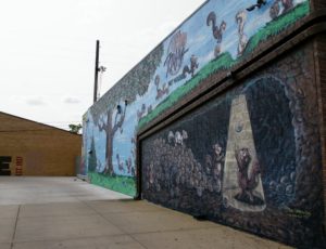 Mural of squirrels outside the Nifty Nut House in Wichita, Kansas