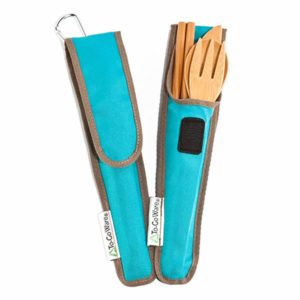 Bamboo utensils in a teal travel case