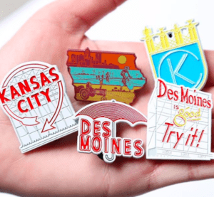Iowa themed enamel pins from Bozz Prints