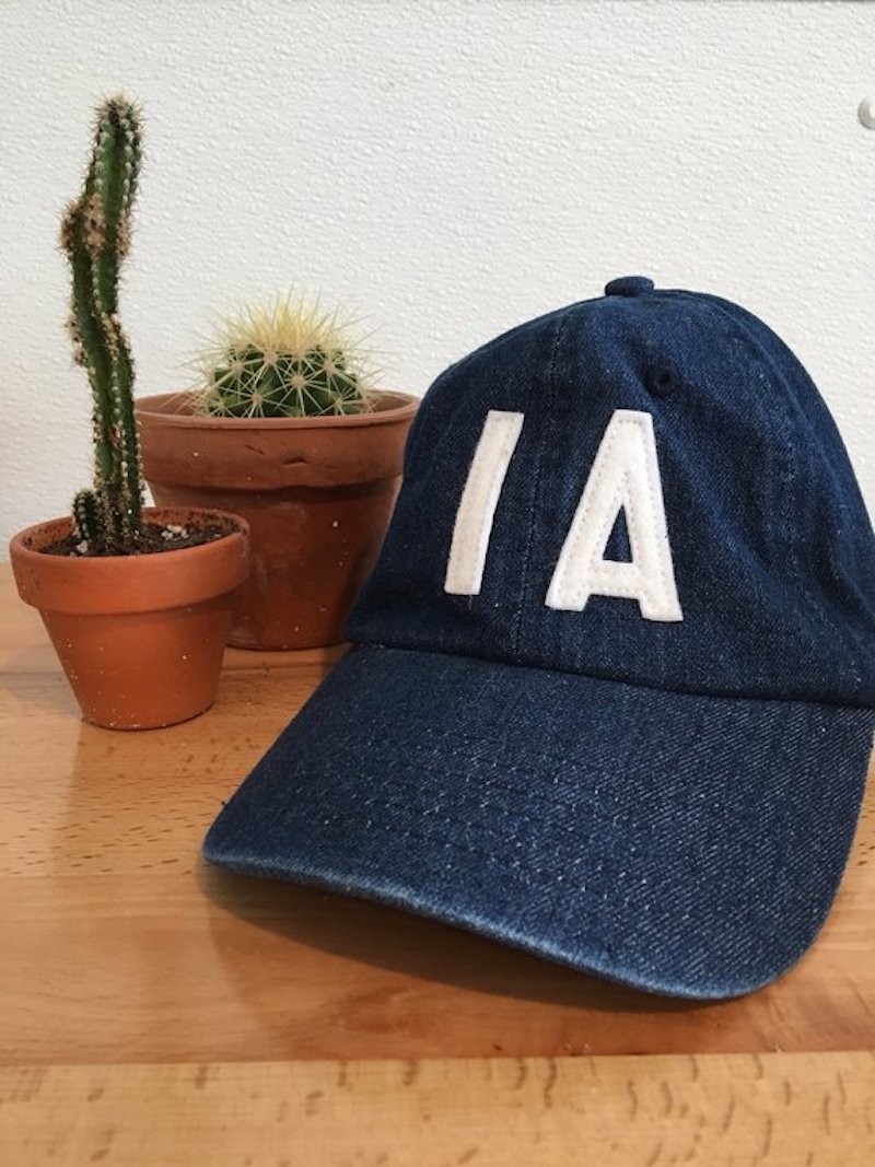 Denim baseball cap with IA on it from dsmscreenprint