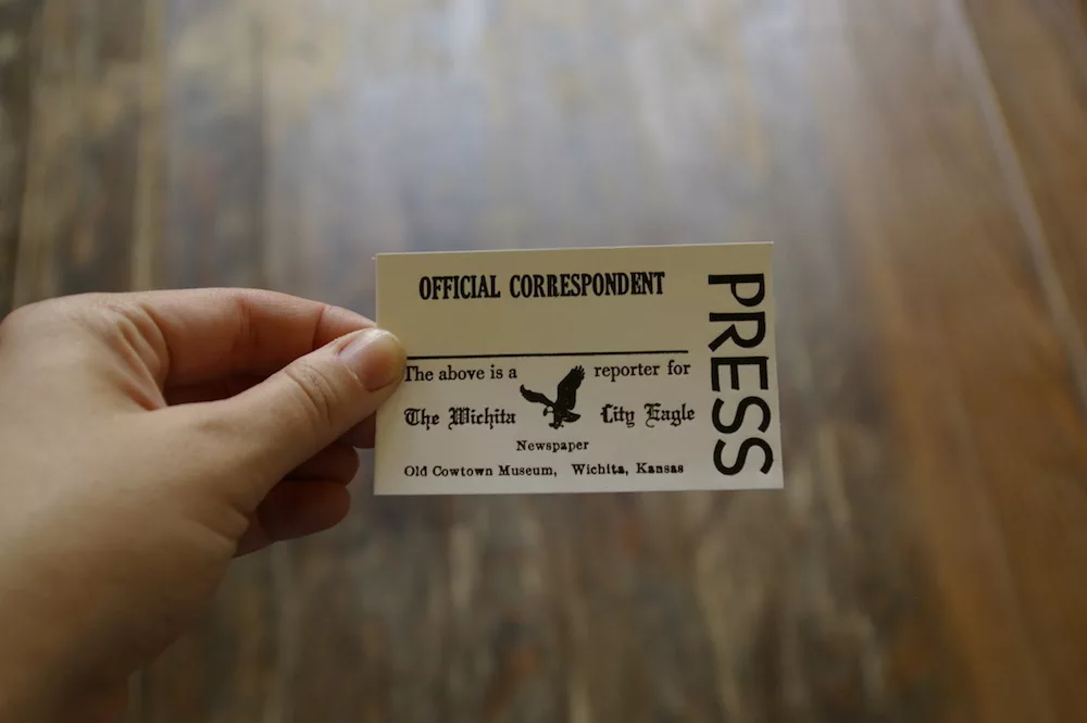 Letterpressed official newspaper correspondent card at the Old Cowtown Museum in Wichita, Kansas