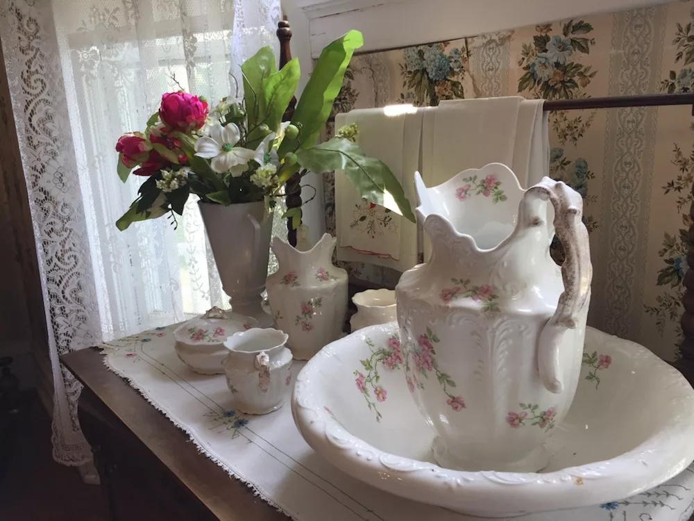 White China pitcher and bedroom set at the Seelye Mansion in Abilene, Kansas