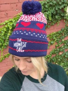 Navy Midwest Girl stocking hat with red hearts