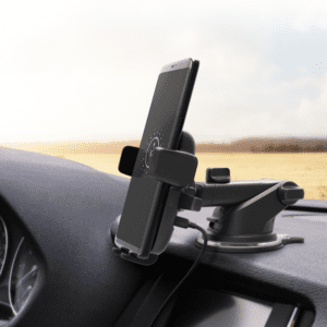 Black mounted phone holder on a car dashboard