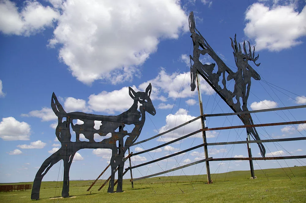 Metal deer sculptures along the Enchanted Highway near Regent, North Dakota