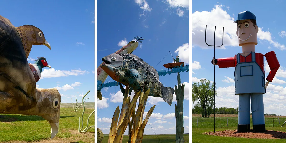 Graphic made of three images of sculptures along the Enchanted Highway including three metal pheasants, large fish with fisherman in boat and farmer wearing a baseball hat and overalls with a pitchfork near Regent, North Dakota