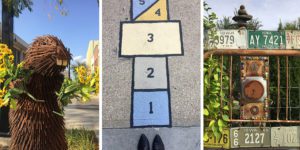 Three-image graphic about art in Mason City, Iowa featuring sculpture of beaver, hopscotch painting on sidewalk and entrance to Rancho Deluxe