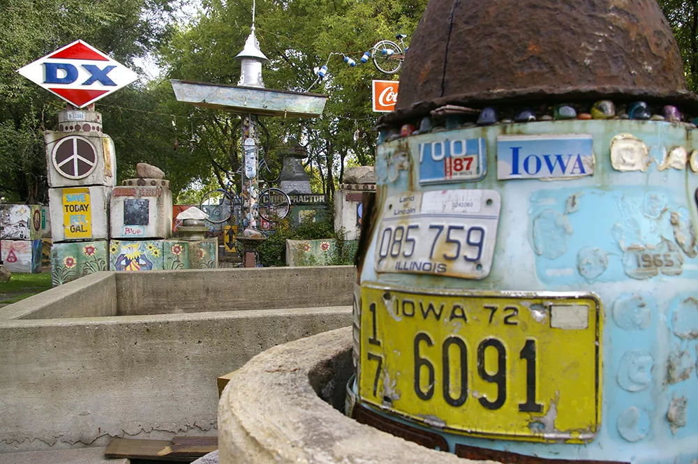 Old license plate sculptures at Rancho Deluxe in Mason City, Iowa