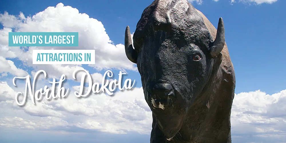 Graphic reading "World's Largest Things in North Dakota" with blue cloudy sky and brown bison known as Dakota Thunder, the World's Largest Buffalo, in Jamestown, North Dakota