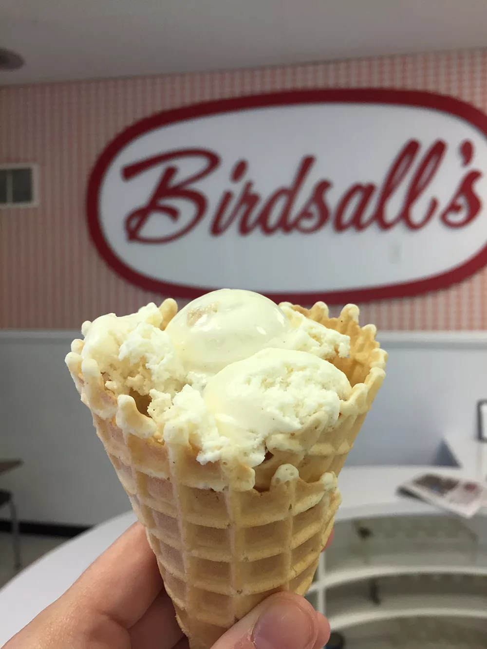 Hand holding ice cream cone at Birdsall's Ice Cream in Mason City, Iowa